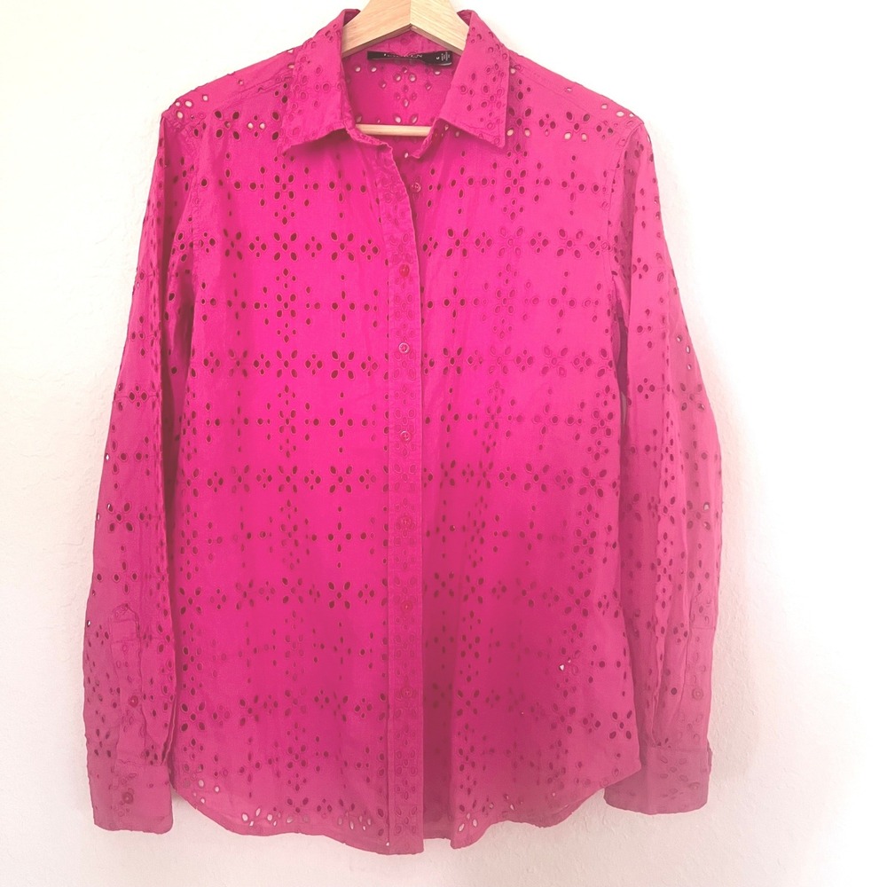 Lauren Ralph Lauren Hot Pink Eyelet Embroidered Button Down Shirt Womens Medium